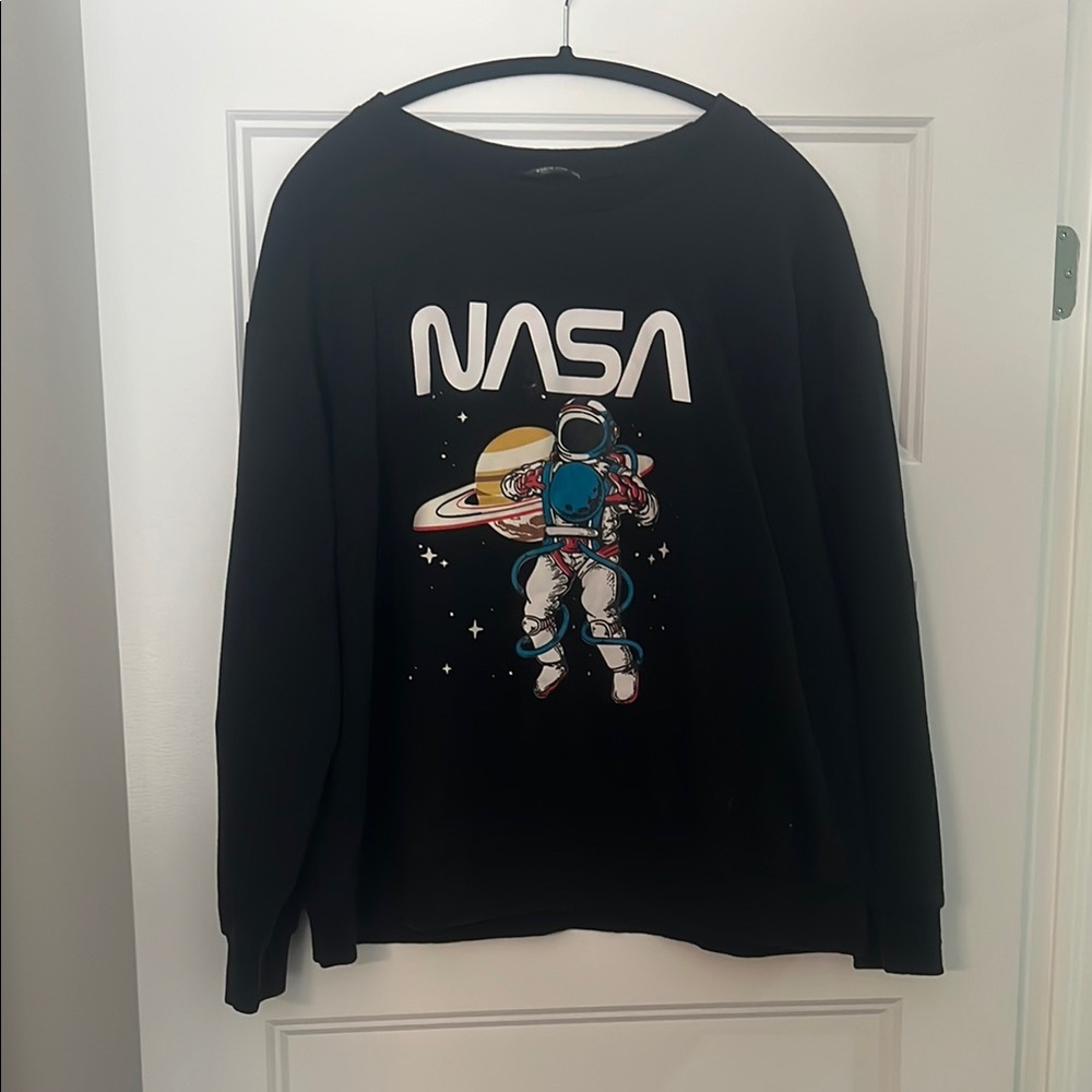 SHEIN Black Crew Neck Sweater with NASA Graphic